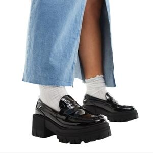ASOS DESIGN Script chunky mid heel loafers in black patent Size UK 9/US 11W